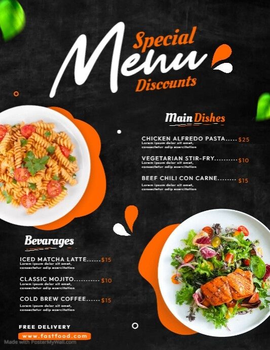 Carte de restaurant illustrée avec plats, boissons et tarifs