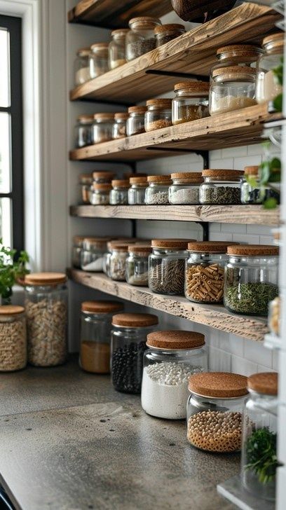 Étagères de garde-manger avec bocaux en verre et couvercles en liège